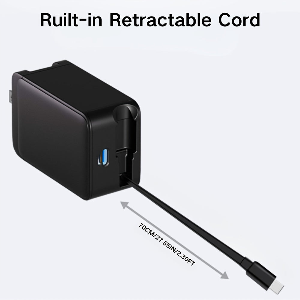 65W Retractable USB C Charger, Retractable Charger with Type C Cable, PD PPS Fast Charging Block with Foldable Plug for iPhone 16 15 14 13 12 11, Galaxy, LG, Pixel, Pad, Tablet