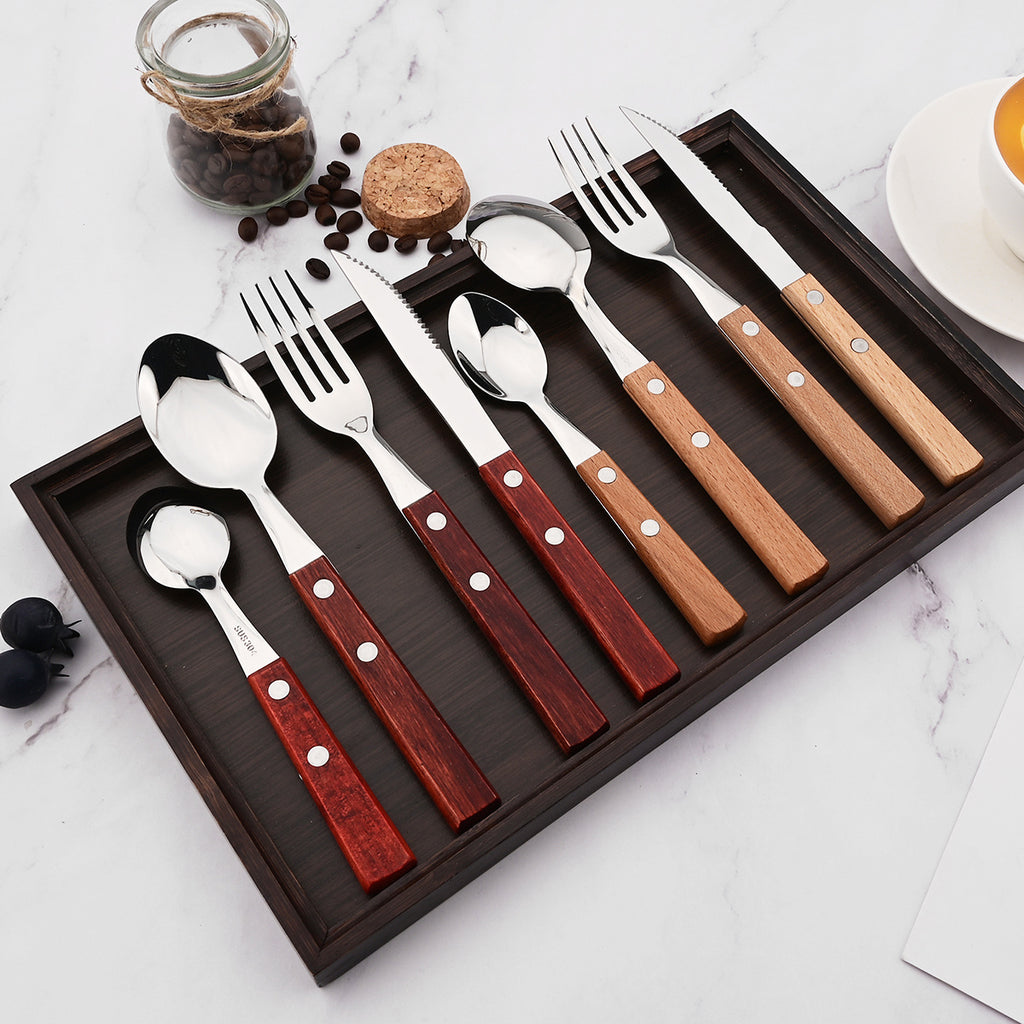 24-Piece Stainless Steel Cutlery Set with Wooden Handles – Mirror Polished Knife, Fork, Spoon & Tea Spoon – Vintage Flatware Set Service for 6 – Perfect for Home, Restaurant & Weddings