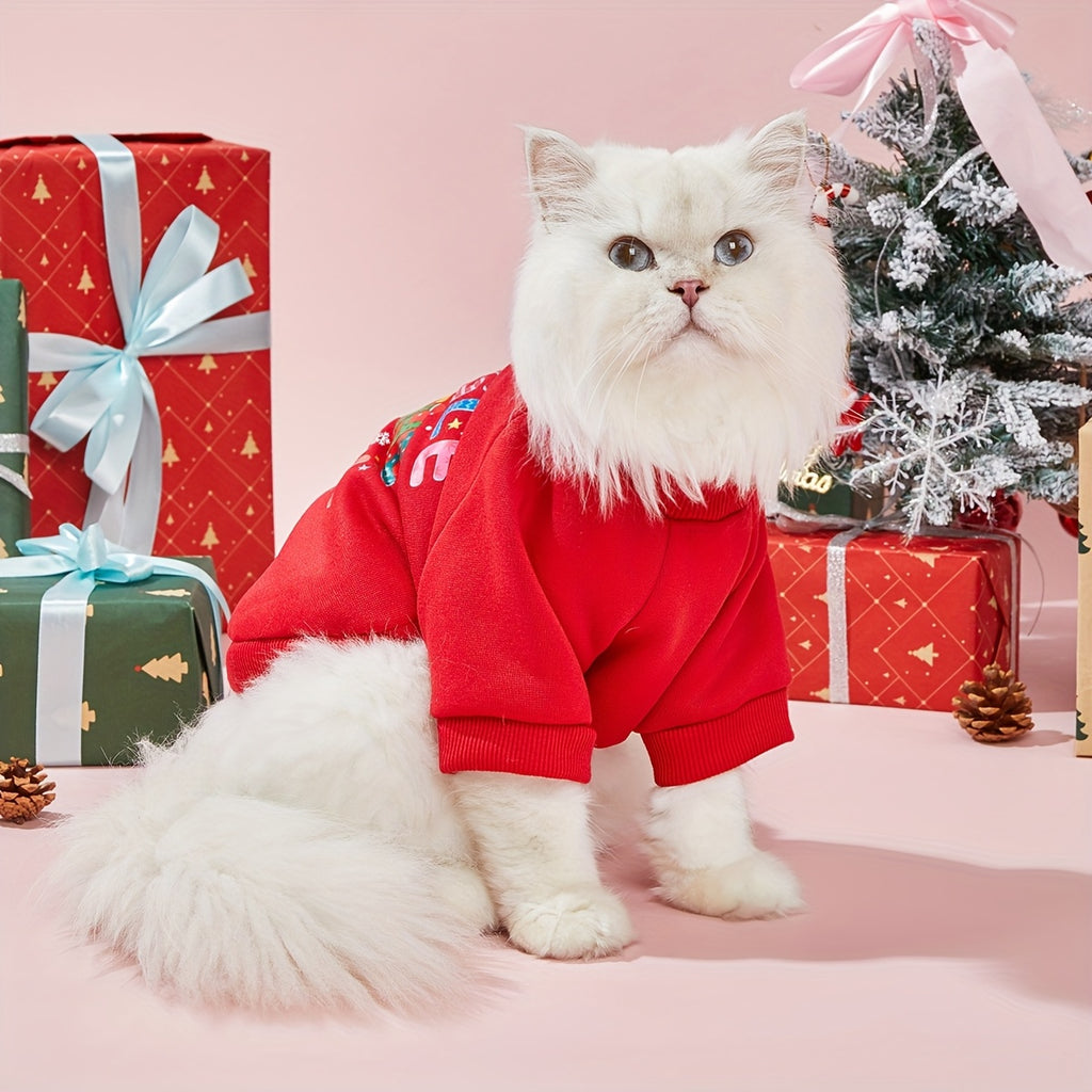 1件圣诞红色JINGLE ALLTHE WAY标语图案印花猫咪狗狗涤纶无帽卫衣防跳蚤减少掉毛保暖透气小宠物无帽卫衣适用于猫狗室内外