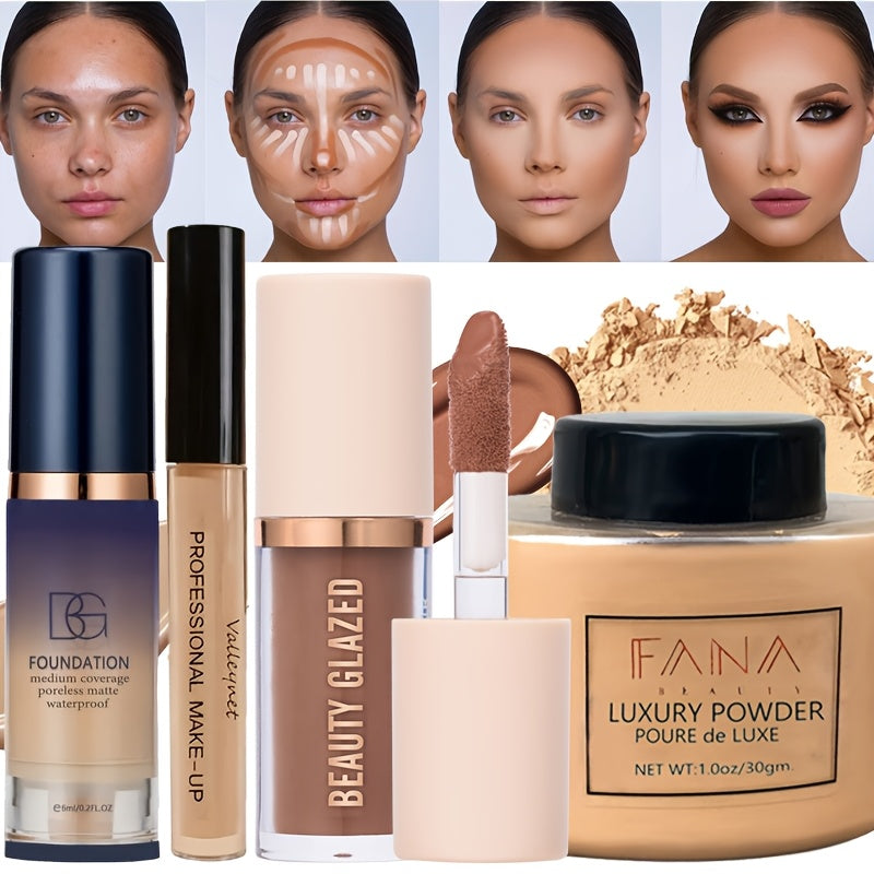 4件/套 液体粉底 Concealer 面部散粉，面部彩妆套装，持久妆效，防水防汗，完美妆容，女士彩妆，哑光质地，适合新手，日常妆容，理想的节日礼物