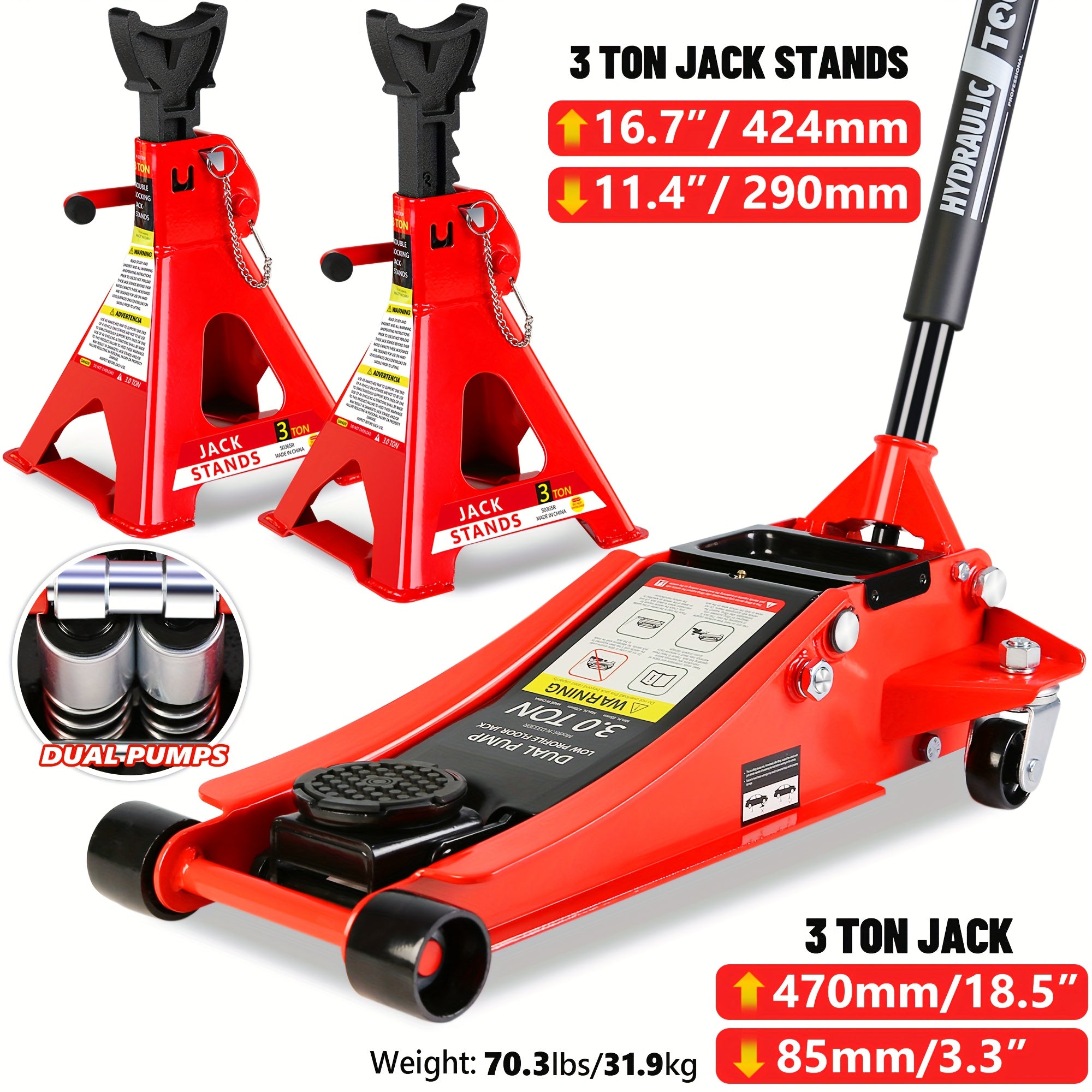 2/2.5/3 Ton Capacity Low-Profile Garage Hydraulic Jack Combo Kit, Optional: 2 Ratchet-Type 3-Ton Jack Stands, Tire Repair Tool Kit, 14-Inch Lug Wrench, Wheel Chocks for SUV/Sedan/Truck