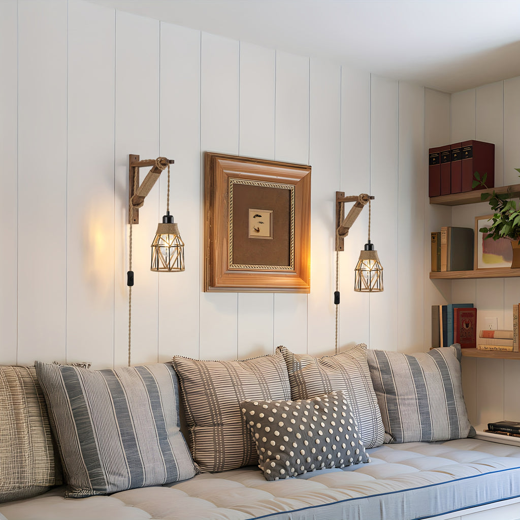 Two-Piece or One-Piece Plug-In Wall Light Without Wiring - Farmhouse Style Metal Cage and Wood Bracket Bedside Lamp, Suitable for Bedroom Headboard (Easy-to-Install Barn Light Decor) (Bulb Not Included)