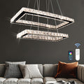 Modern pendant light with remote control, 20.5-inch LED dimmable 2-ring rectangular crystal chandelier adjustable height, dining room kitchen living room island light pendant light