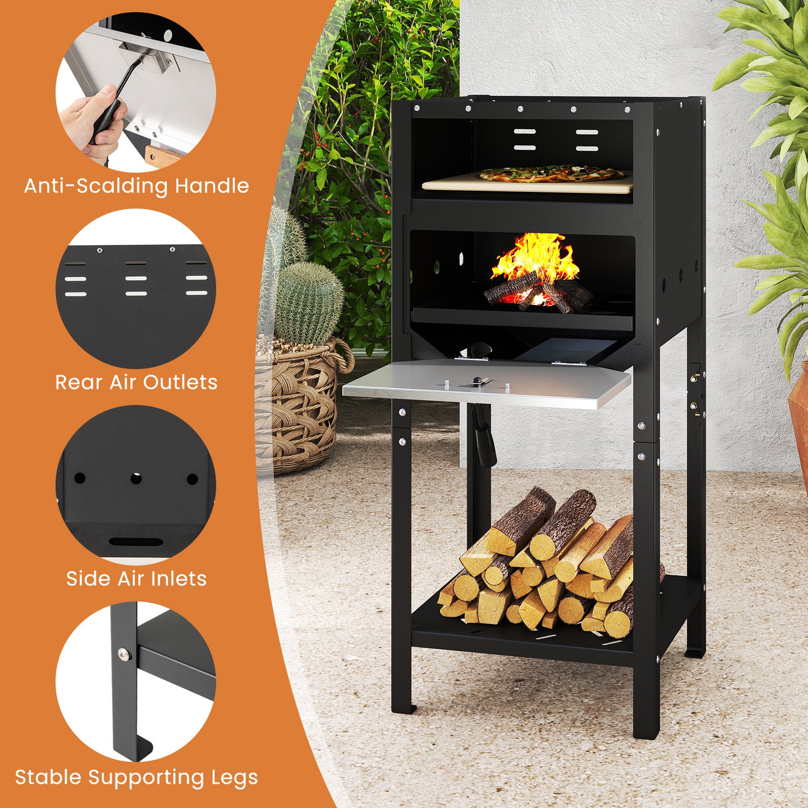 COSTWAY 12-Inch Outdoor Pizza Oven, Freestanding Wood-Fired Pizza Stove with Ash Tray, Wood Storage Area, Pizza Stone, Pizza Peel & Oxford Cloth Cover, Multi-Fuel Pizza Maker for Patio, Backyard, Camping & BBQ
