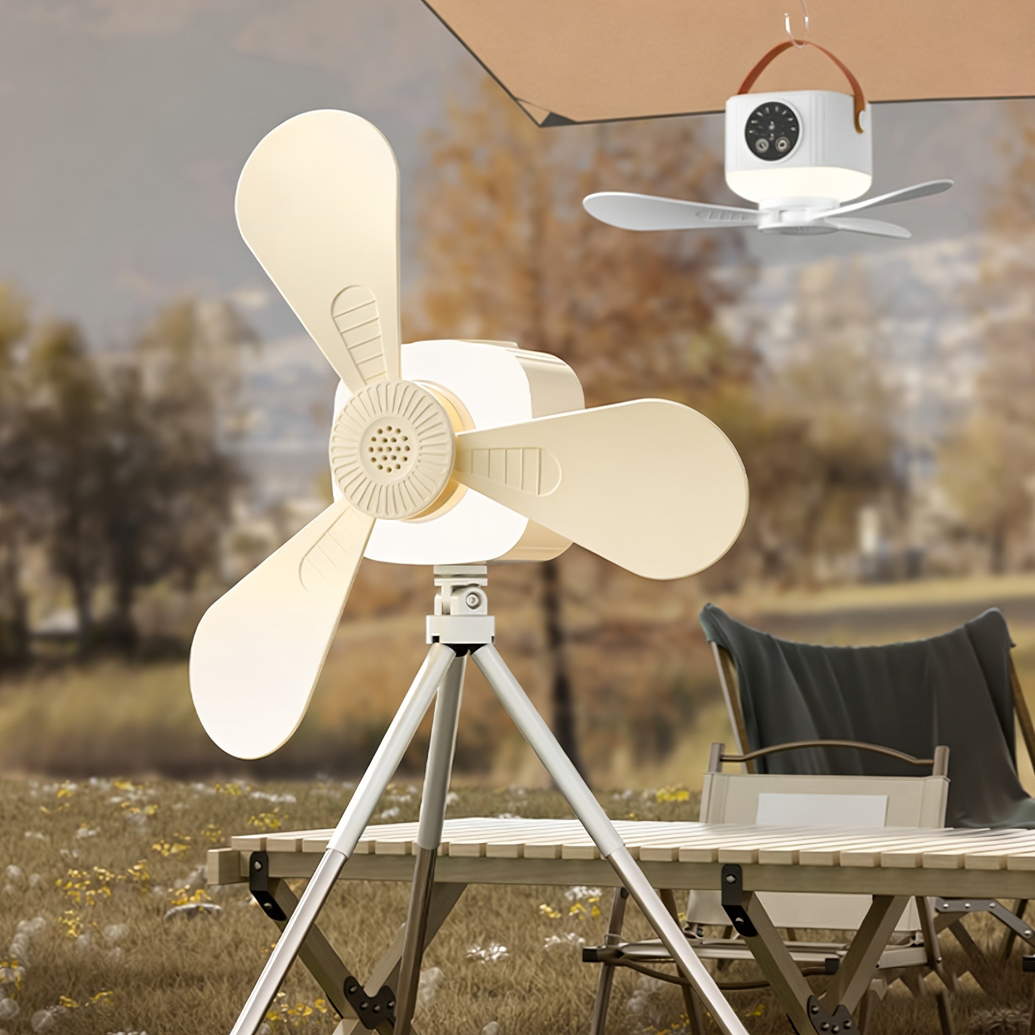1 Pack Rechargeable Camping Fan Light, 3 Warm Light Modes, Outdoor Patio &amp; Indoor Bedroom Bedside Lamp, Hanging/Stand Mountable, Multi-Function Camping Light with Fan, Remote Control, Ideal for Summer, RV, Truck, Roof Tent, Travel and Camping