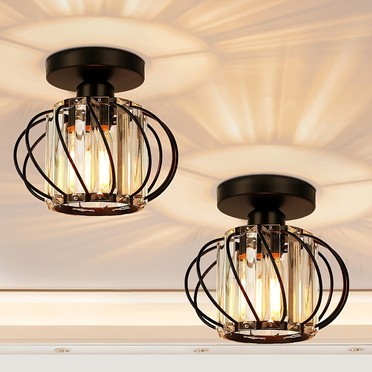 2-Piece Modern Industrial Semi-Flush Mount Pendant Light with Crystal Accents - Polished Metal Cage Design, Semi-Flush Mount Installation for Living Room, Kitchen, Bathroom, Entryway - Bulbs Not Included, Kitchen Lighting