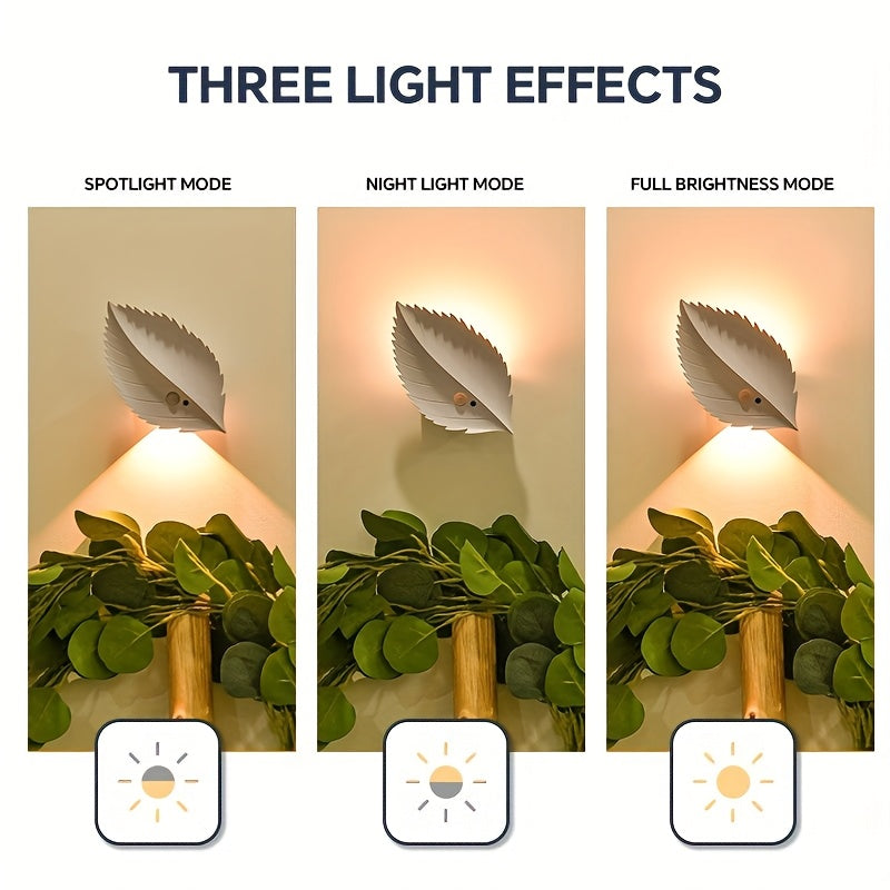1Pcs LED Leaf Shape Spotlight, Rechargeable Motion Sensor Wall Light, RGB Color Ambient Lamp, Warm Night Light, Stepless Dimmable Magnetic Remote Wall Light for Bedroom Living Room Corridor Stairway