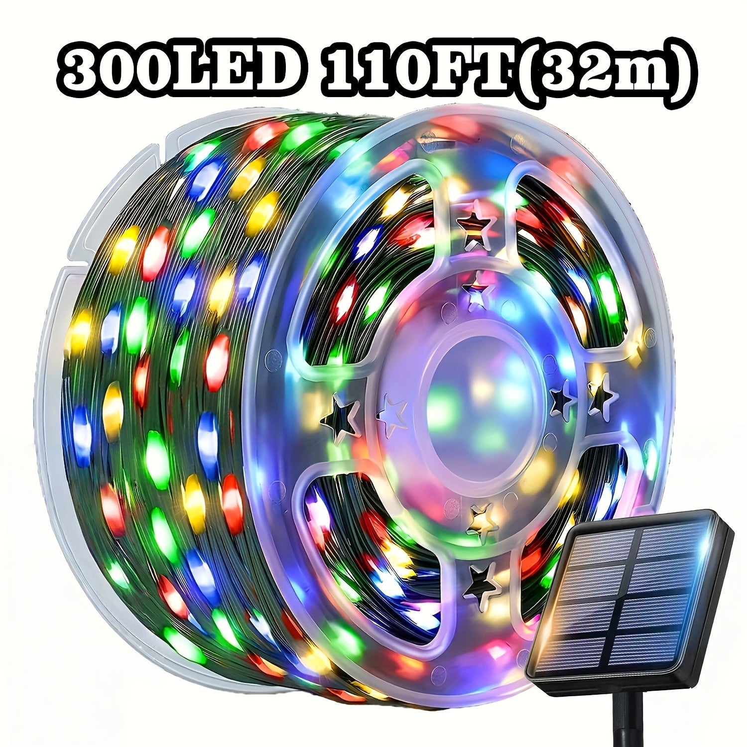 太阳能庭院灯，110英尺300颗LED户外圣诞灯IPX4级防水，圣诞树灯串，12种模式户外童话灯串，适用于户外圣诞装饰、庭院（多色可选），锂电池太阳能板