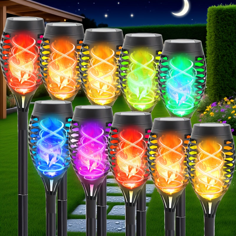 10 Pack Color Solar Flame Lights with Auto Color Changing, Includes Festival and Halloween Home Decorative Ambient Light, and Outdoor Waterproof LED Lighting, Auto On/Off from Dusk to Dawn