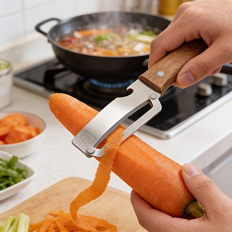 2-Piece Kitchen Vegetable Peeler & Bottle Opener with Wooden Handle – Non-Slip Ergonomic Handles, Stainless Steel Blades, Kitchen Tool for Peeling Vegetables or Fruits/