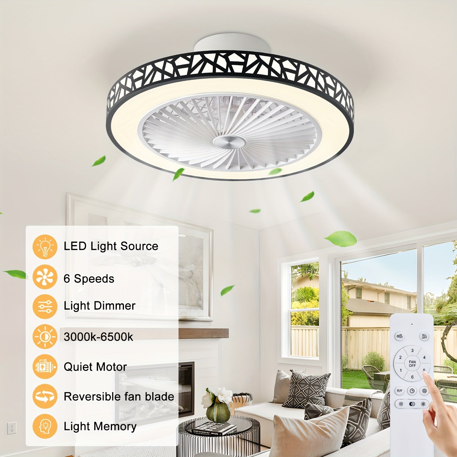Inch Modern Slim Ceiling Fan, 6 Speed, Reversible Bladeless Design, 41W Dimmable LED Fan Light, Quiet Timing Lighting for Bedroom, Living Room and Office