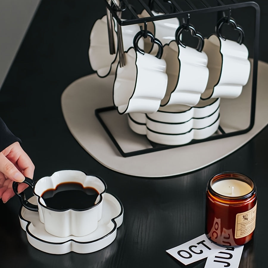 Nordic Simple Petal-Shaped Ceramic Coffee Cup & Saucer Set – Unique Office & Home Afternoon Tea Cup Set, High-End & Exquisite, High-Appeal Birthday Gift, Souvenir – Reusable, Hand Wash Only