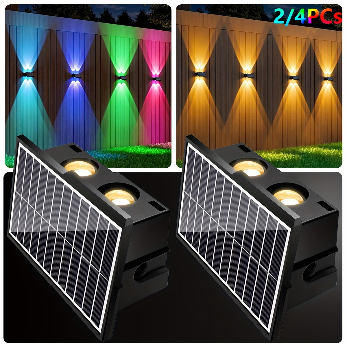 2/4-Piece - Solar Fence Light, Solar Up and Down Light, Wall Washer Light, Solar Outdoor Light, Adjustable RGB Solar Light, Bright Solar Garden Light, Suitable for Outdoor Courtyard, Garden, Patio, Yard, Fence, Alley, Decoration