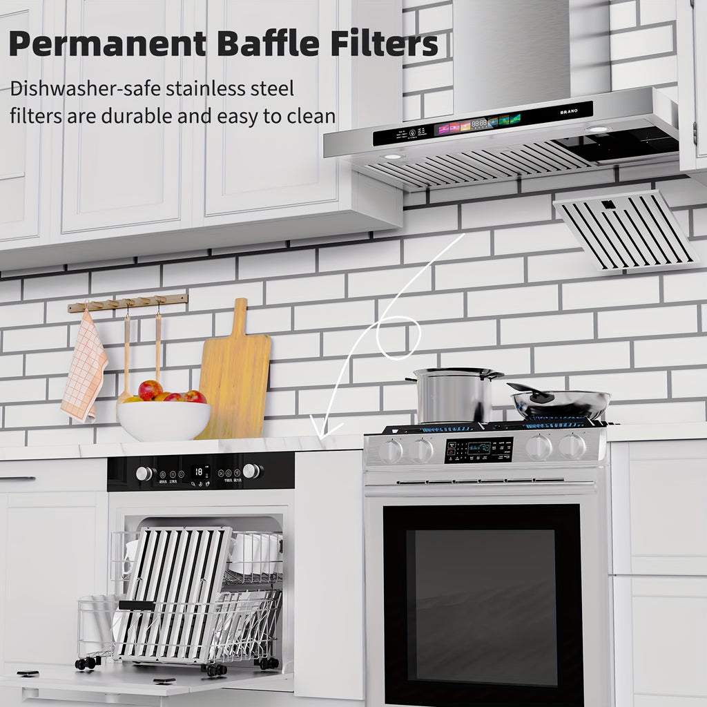 BRANO 30-Inch Built-In Range Hood with Voice/Gesture/Touch Control, 900 CFM High-Performance Exhaust Fan, Stainless Steel Kitchen Ventilation Grille with LED Light, 4-Speed Silent Operation, 3-in-1 Ventilation System