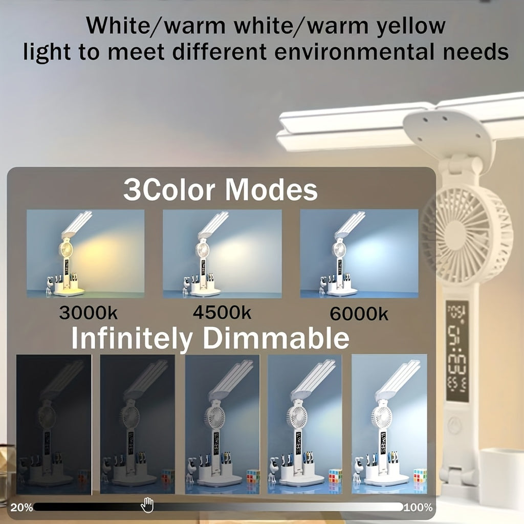 Folding Desk Lamp with Fan & Clock, USB Rechargeable