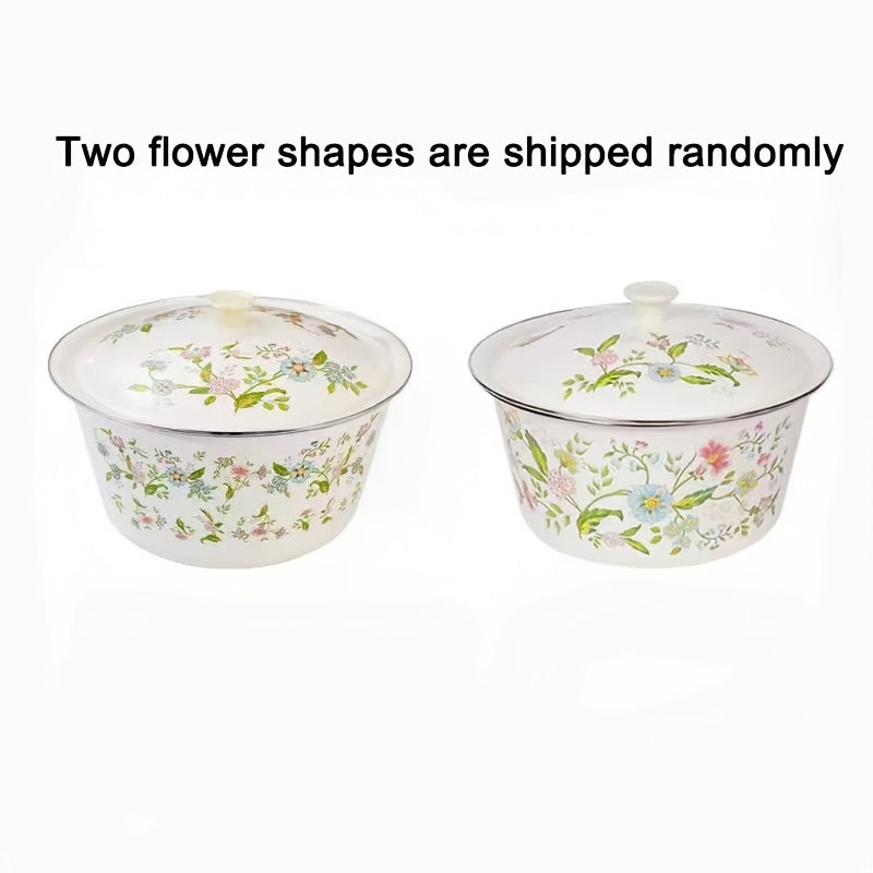 Multifunctional Enamel Thick Soup Bowl with Lid, Floral Pattern – Scratch-Resistant & Durable – Perfect for Home Cooking & Catering – Dishwasher Safe, Permanent Kitchen Essential