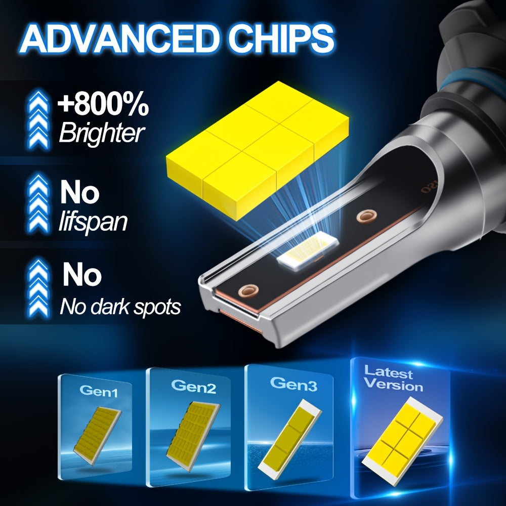 2Pcs H1 H7 H11 9005 9006 9012 H4 H13 9007 9004 LED Car Headlights, Brightness 3570 CSP Chip 6000K White Light 60000 Lumens 200W High/Low Beam Fog Light Fast Heat Dissipation