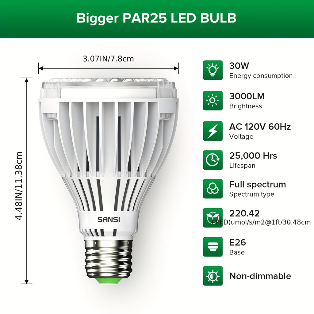 SANSI 30W 3000 Lumens LED Grow Light Bulb, PAR25 Full Spectrum with Optical Lens High PPFD, 5000K Daylight, 25,000 Hours Lifespan Indoor Plant Lighting