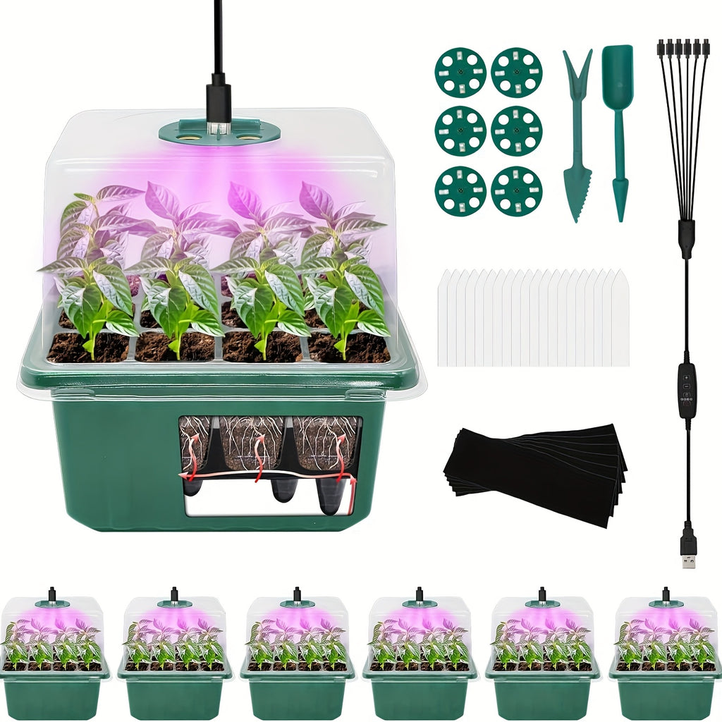 6-Pack Self-Watering Seed Starter Tray Kit with Grow Light & Humidity Dome, 72-Cell Reusable Plastic Germination Tray for Indoor Gardening Seedling Transplant