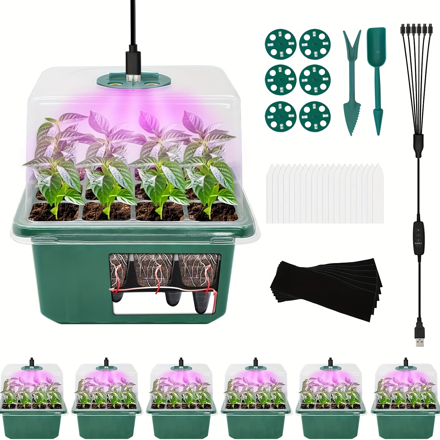 6-Pack Self-Watering Seed Starter Tray Kit with Grow Light & Humidity Dome, 72-Cell Reusable Plastic Germination Tray for Indoor Gardening Seedling Transplant