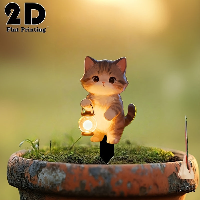 2D Flat 1 Piece Cute Cat Holding Glow Light Garden Decoration Ground Insert, Outdoor Courtyard Garden Lawn Decorative Ornament, Garden and Flower Bed Decorative Stake, Perfect for Courtyard, Lawn, Bonsai - Festival Decoration