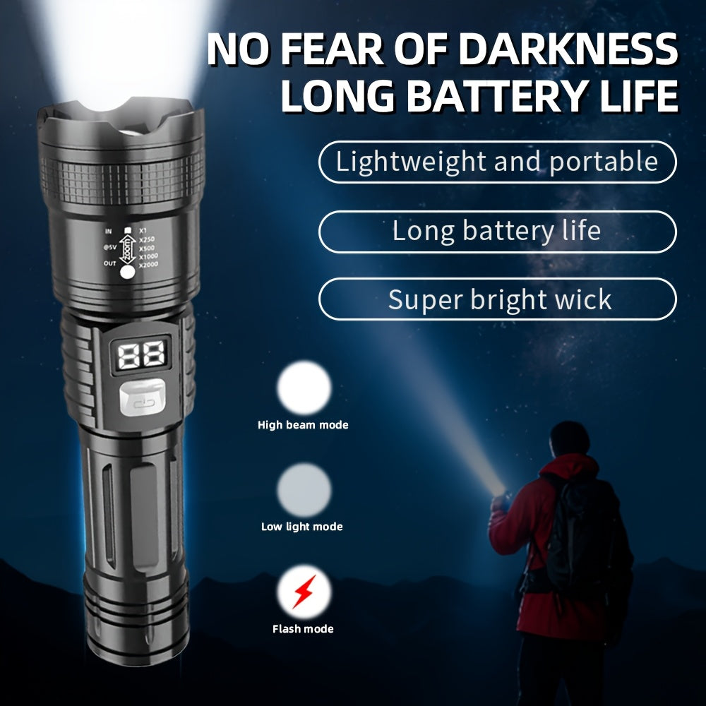 LED Flashlight, Telescopic Zoomable, Focus and Flood Dual Use, 3 Modes High Low Strobe Dimmable, Digital Power Display Real-Time Battery Level, USB Rechargeable Long Endurance, High Brightness Long Range