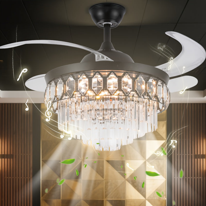 42 Inch Black Crystal Ceiling Light, Luxury Retractable Chandelier Fan with Music Player, 6-Speed Dimmable Chandelier, Ideal for Bedroom Living Room, Chandelier with Fan, Home Theater Lighting