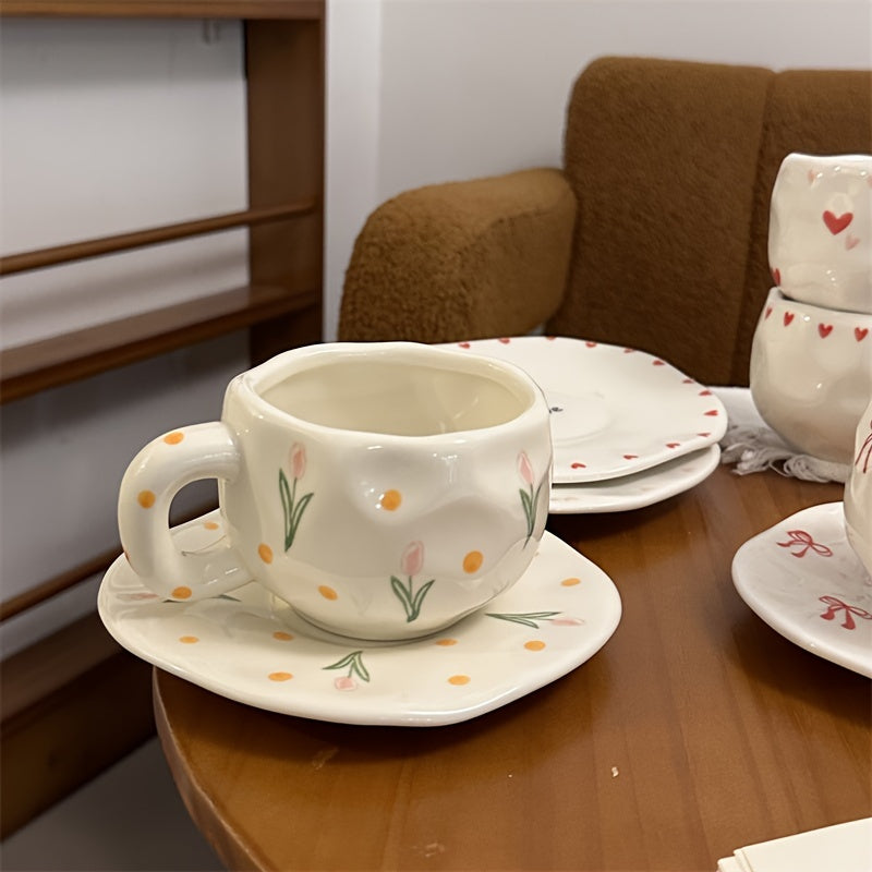 Single Set 300ml / 10.15oz Retro Flower Ceramic Cup & Saucer, Tulip Heart Bow Strawberry Irregular Coffee Cup & Saucer, Hand-Pinched High-Appeal Afternoon Tea Mug