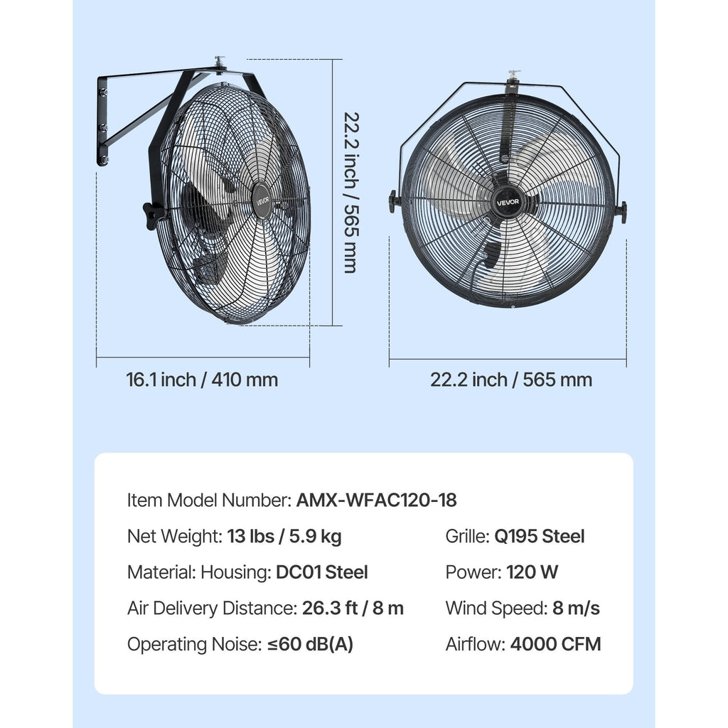 VEVOR 18" / 20" Industrial Wall Mount Fan, 3 Speeds, 4000 CFM / 4650 CFM, Garage Workshop Fan