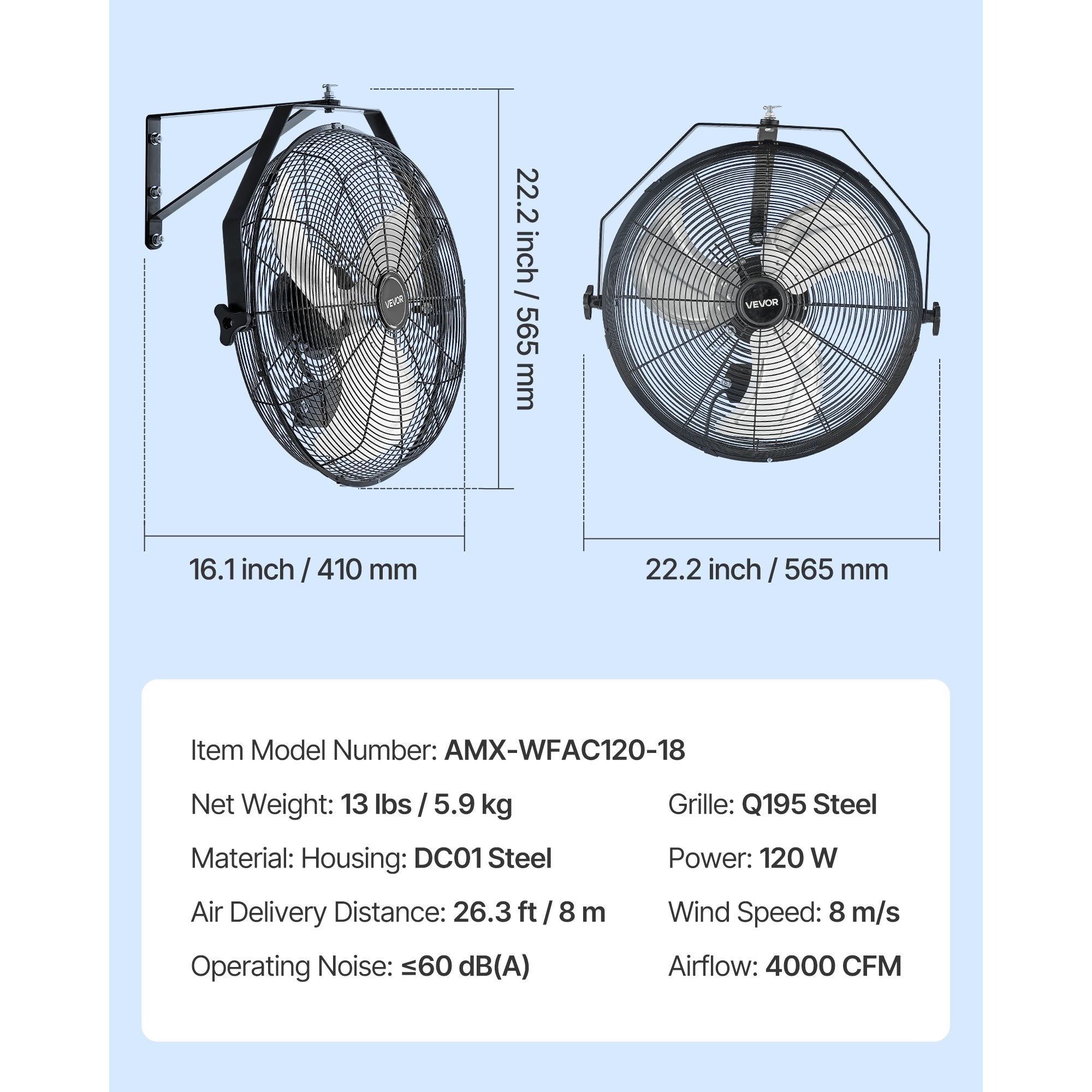 VEVOR 18" / 20" Industrial Wall Mount Fan, 3 Speeds, 4000 CFM / 4650 CFM, Garage Workshop Fan