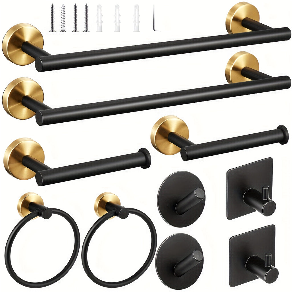 10-Piece Matte Black Bathroom Hardware Set - SUS304 Stainless Steel Wall Mount Towel Bar (16"), Toilet Paper Holder, Corner Hook & 2 Robe Hooks, with Screws & Anchors - Rustproof Bathroom Organizer for Towels, Robes, Accessories - Easy Install