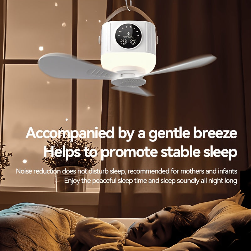 Portable Hanging Fan Light, 2-in-1 Camping Fan with Light, Adjustable Wind Speed, Leather Handle, Mini Silent Fan, Suitable for Bedroom, Dormitory, Office, Travel and Outdoor Use