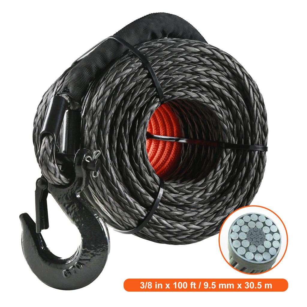 VEVOR Synthetic Winch Rope, 3/16″ / 3/8″ / 1/2″ x 50ft / 85ft / 92ft / 100ft 8,350lbs Synthetic Winch Cable Rope with Protective Sleeve + Stopper + Forged Winch Hook + Pull Strap, Universal for ATV, UTV, Vehicle Trailer