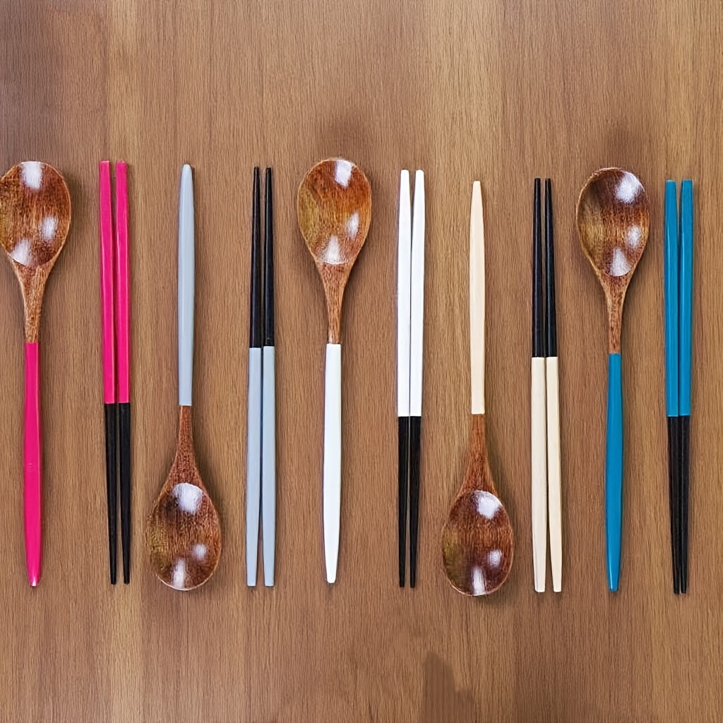 5-Piece Set Japanese Colorful Wooden Spoon & Chopstick Set – Reusable Cutlery Set – Made of Solid Wood