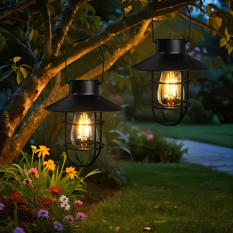 Solar portable hanging light, copper metal Edison warm light bulb, courtyard, patio, porch, pathway lighting, Halloween, Christmas holiday decorative gift, vintage outdoor decorative light