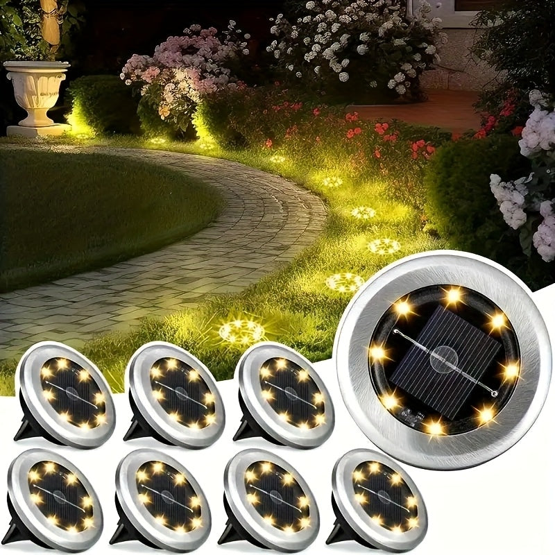 Solar Ground Spotlight Geometric Light, Stainless Steel Warm White Outdoor Landscape Light, 8LED Rotating Disc Light, Garden Viewing Light, Floor Lamp, Corridor Courtyard Patio Lawn Decorative Lighting, Solar Garden Light