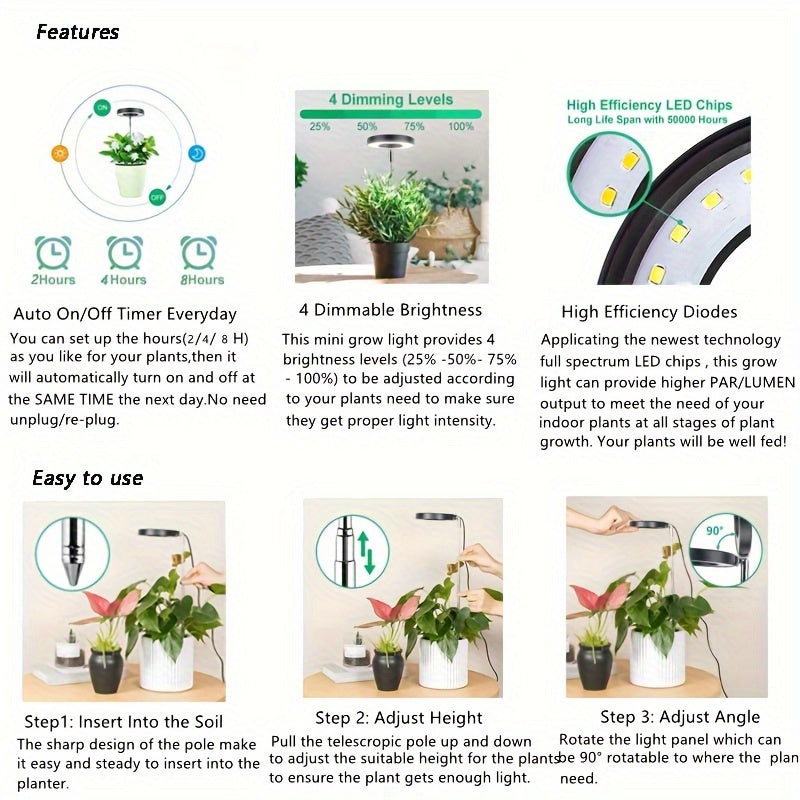 LED Plant Grow Light, Full Spectrum Lighting for Optimal Indoor Plant Growth, 4 Brightness Levels, 2/4/8H Timer, Height Adjustable, USB Powered, Perfect Christmas Gift