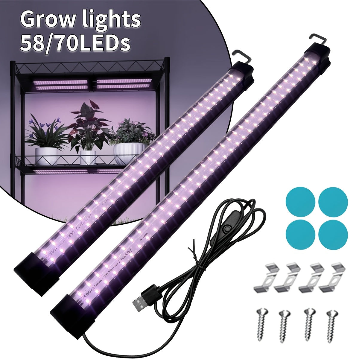 58/70 LED Beads Full Spectrum Plant Grow Light, USB Port, Hidden Hook Design, Multiple Installation Ways, Supplement Grow Light for Vegetables, Succulents, Flowers and Fruits, Complete Grow Lighting Coverage