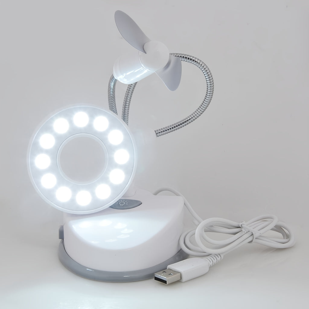 2-in-1 Portable Desk Lamp with Mini Fan, 12 LEDs Flexible Double Gooseneck Reading Lamp, Battery or USB Powered, Compact Desk Accessory for Office & Dorm