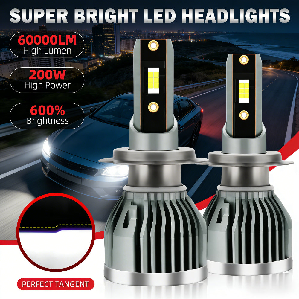 -Pack LED Headlights 60000 Lumens High Brightness 200W High Power 600% Brightness Increase 6000K White Light Output Equipped with High-Efficiency Turbo Fan Cooling Design Fits Most Car Models Plug-and-Play