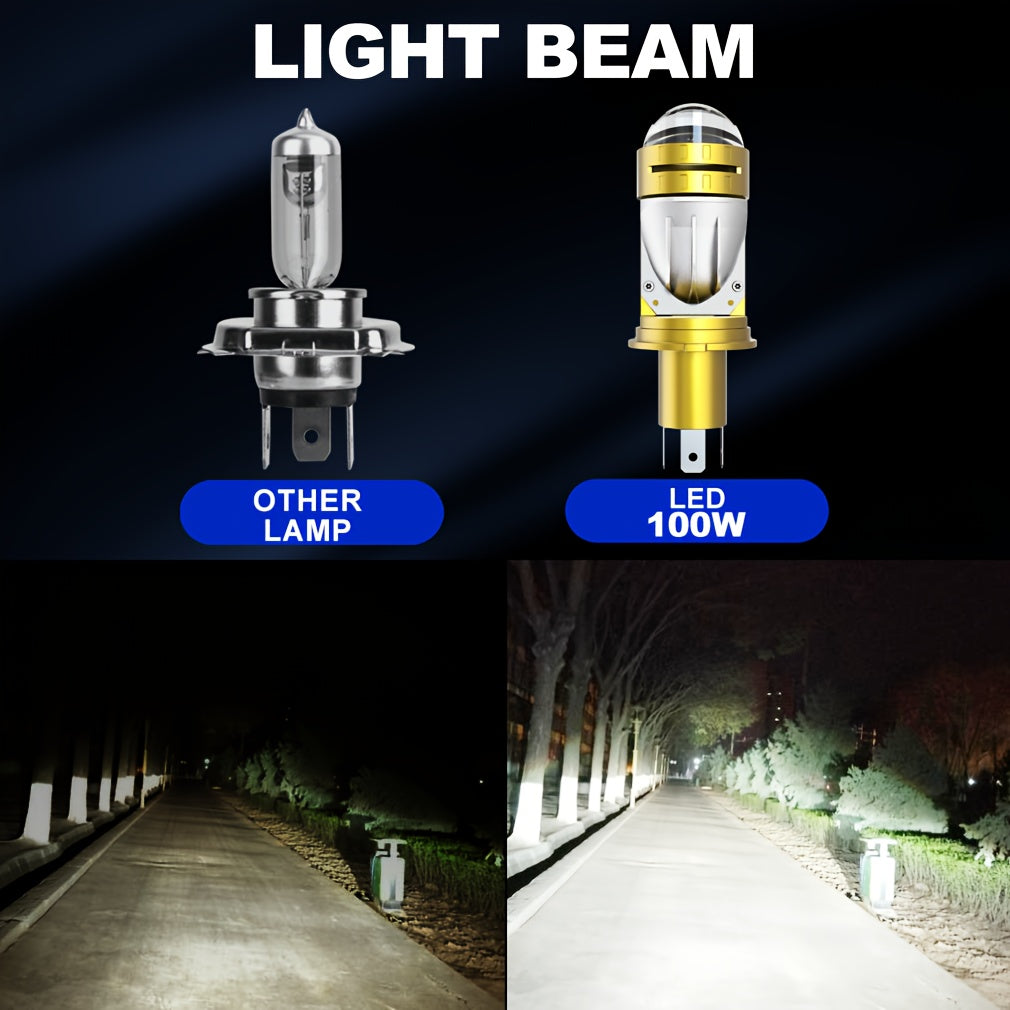 H4 LED Projector Headlight Bulb 100W Canbus 6500K High/Low Beam for Car and Motorcycle