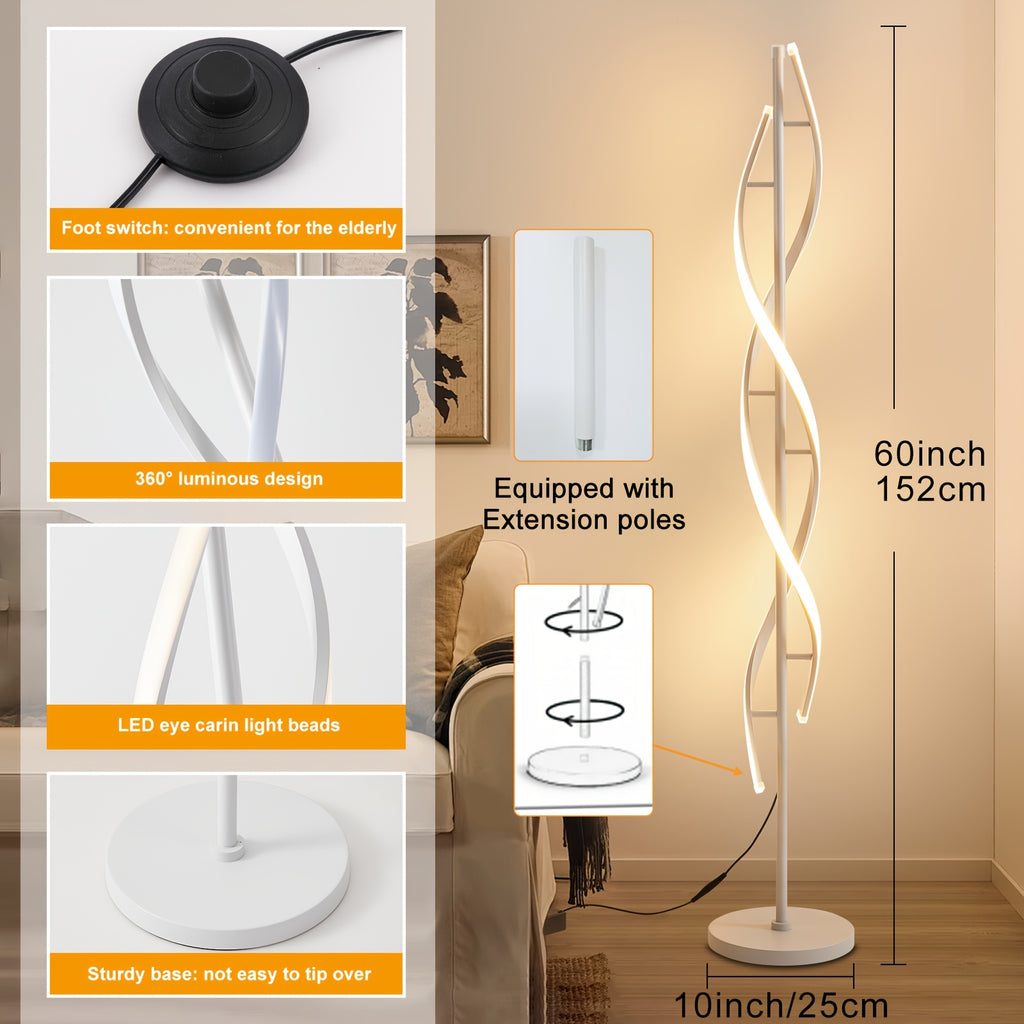 Modern LED floor lamp, 60" 3-color temperature spiral floor lamp, 360° luminous design vertical lamp, timer 48W dimmable reading floor lamp, high black and white corner floor lamp for living room, bedroom, office