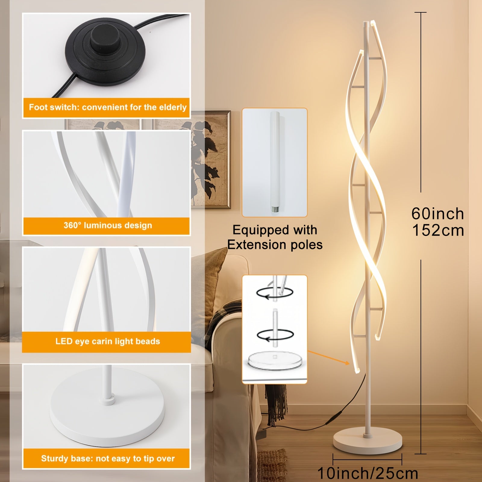 Modern LED floor lamp, 60" 3-color temperature spiral floor lamp, 360° luminous design vertical lamp, timer 48W dimmable reading floor lamp, high black and white corner floor lamp for living room, bedroom, office