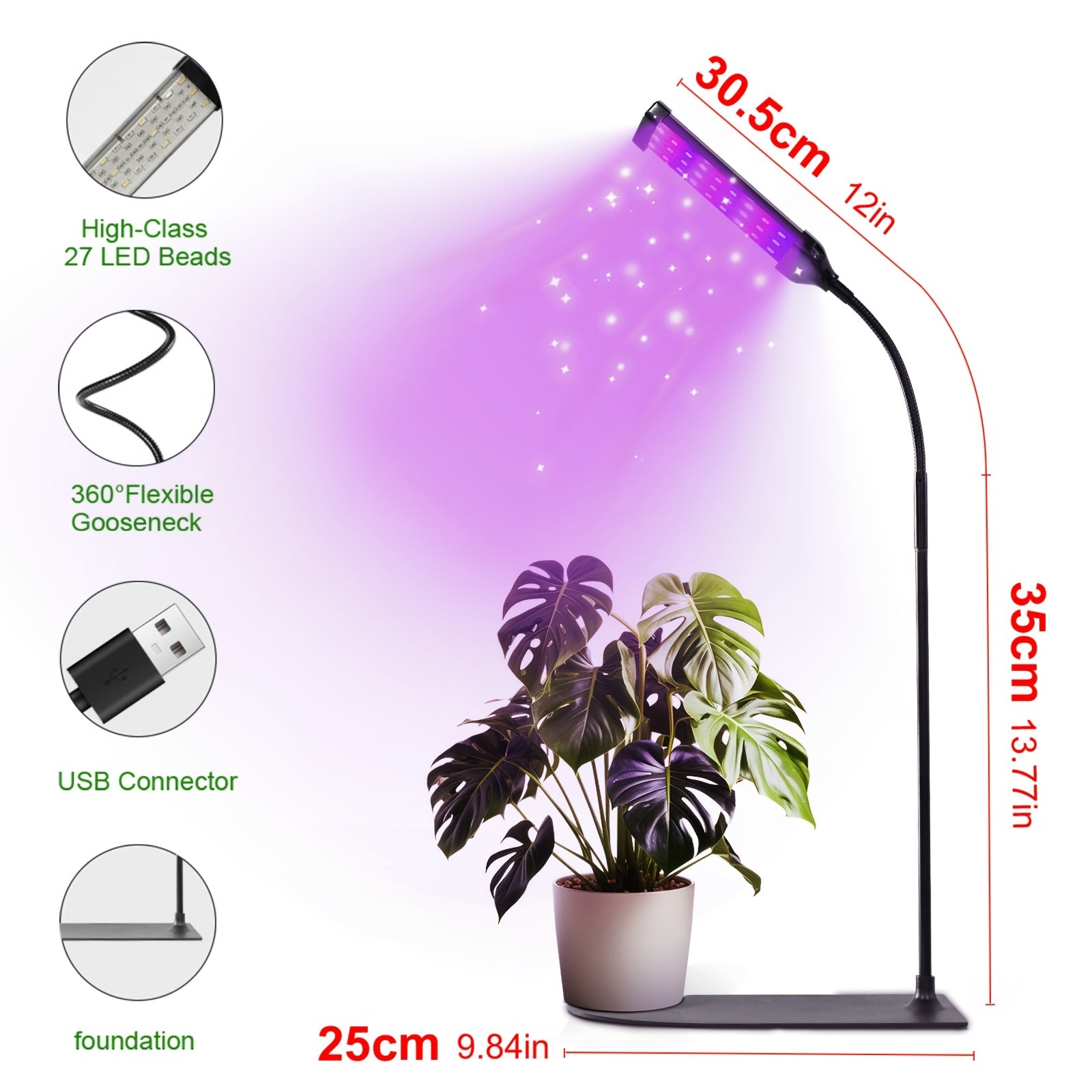1-Pack Full Spectrum LED Plant Grow Light with Base, Movable Overhead Grow Lamp, White/Red/Blue LED Beads, 10 Dimmable Levels & Auto Timer 3/9/12H, Desktop Cabinet Clip-On Design, Perfect for Indoor Potted Plants, Easy Maintenance, Ideal Choice