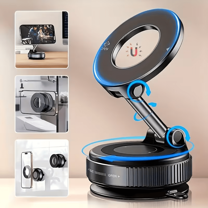 Magnetic Phone Holder Set – Rotatable Car Vacuum Suction Cup Phone Mount, Telescopic & Foldable, Swivel Magnetic Phone Stand. Made of Alloy Steel with Ultra-Strong Suction Cup.