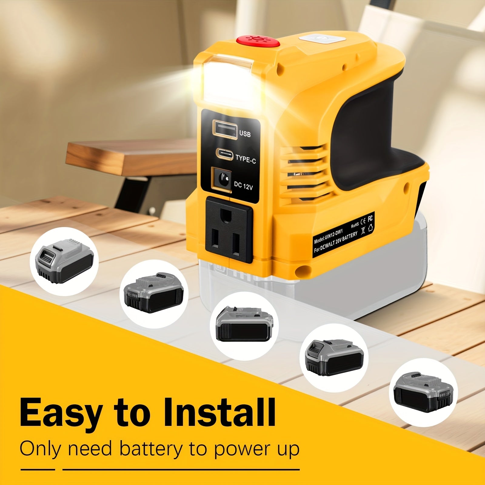 220W电源逆变器，for Dewalt 20V电池，直流20V到交流110-120V电池逆变器，便携式发电站发电机，充电器适配器电池供电插座，USB端口和c型和交流插座