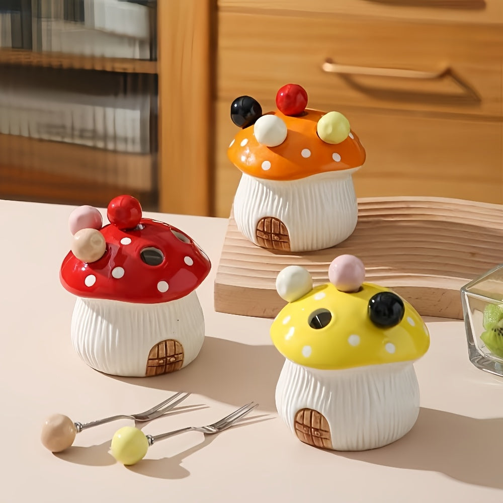 1 Set of 7 Pieces – 6 Forks & 1 Base, Ceramic Mushroom-Shaped Dessert Fruit Cake Fork Set, with 304 Stainless Steel Forks – Suitable for Fruit & Dessert, Party & Gathering Home Décor, Christmas Gift Party Decoration