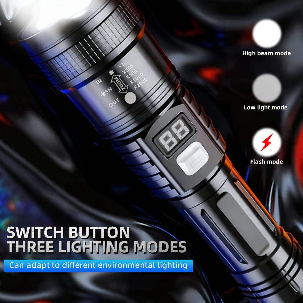 LED Flashlight, Telescopic Zoomable, Focus and Flood Dual Use, 3 Modes High Low Strobe Dimmable, Digital Power Display Real-Time Battery Level, USB Rechargeable Long Endurance, High Brightness Long Range