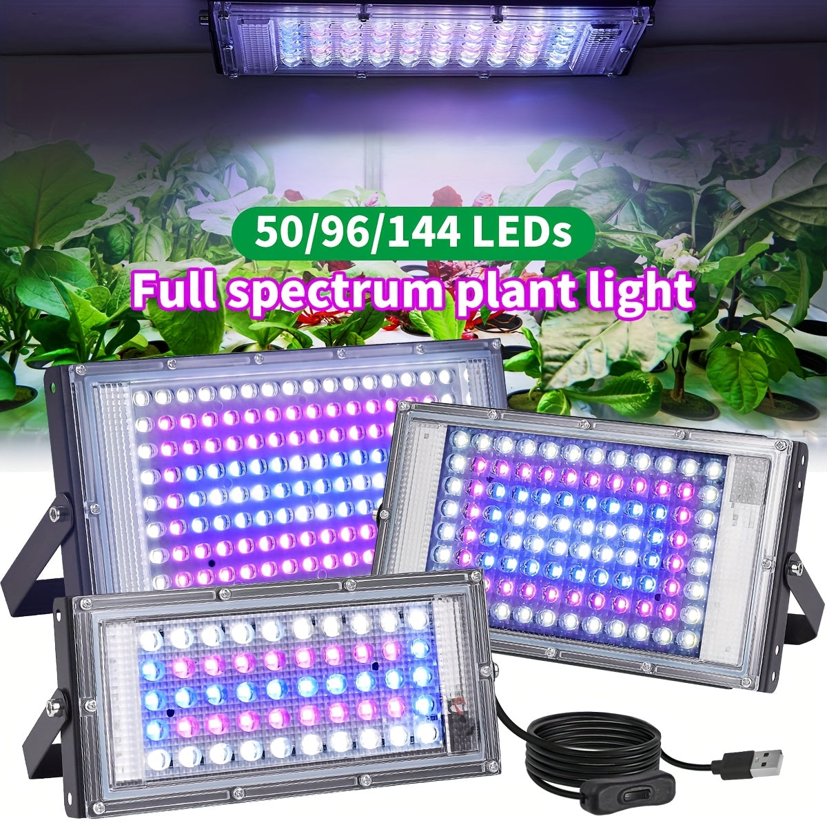 1-4 Pack 50/96/144 LED Full Spectrum Plant Grow Light, Ideal for Indoor Plant Seed Germination, Blooming and Fruiting, Equipped with 59 Inch Power Cord, USB Plug and Switch, Low Voltage 5V
