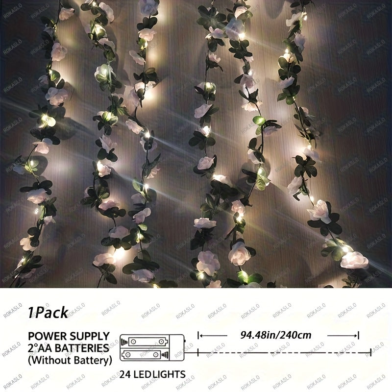 1套，迷人電池供電粉色玫瑰藤蔓燈，LED裝飾串燈（94.48英寸24顆LED），適用於節日派對、婚禮裝飾、聖誕裝飾、新年裝飾（不含電池）